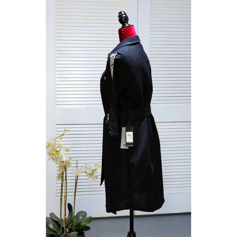 Karl Lagerfeld Paris Women's Black Linen Blend Logo Tape Shirtdress Sz 4 2444 - Picture 5 of 16